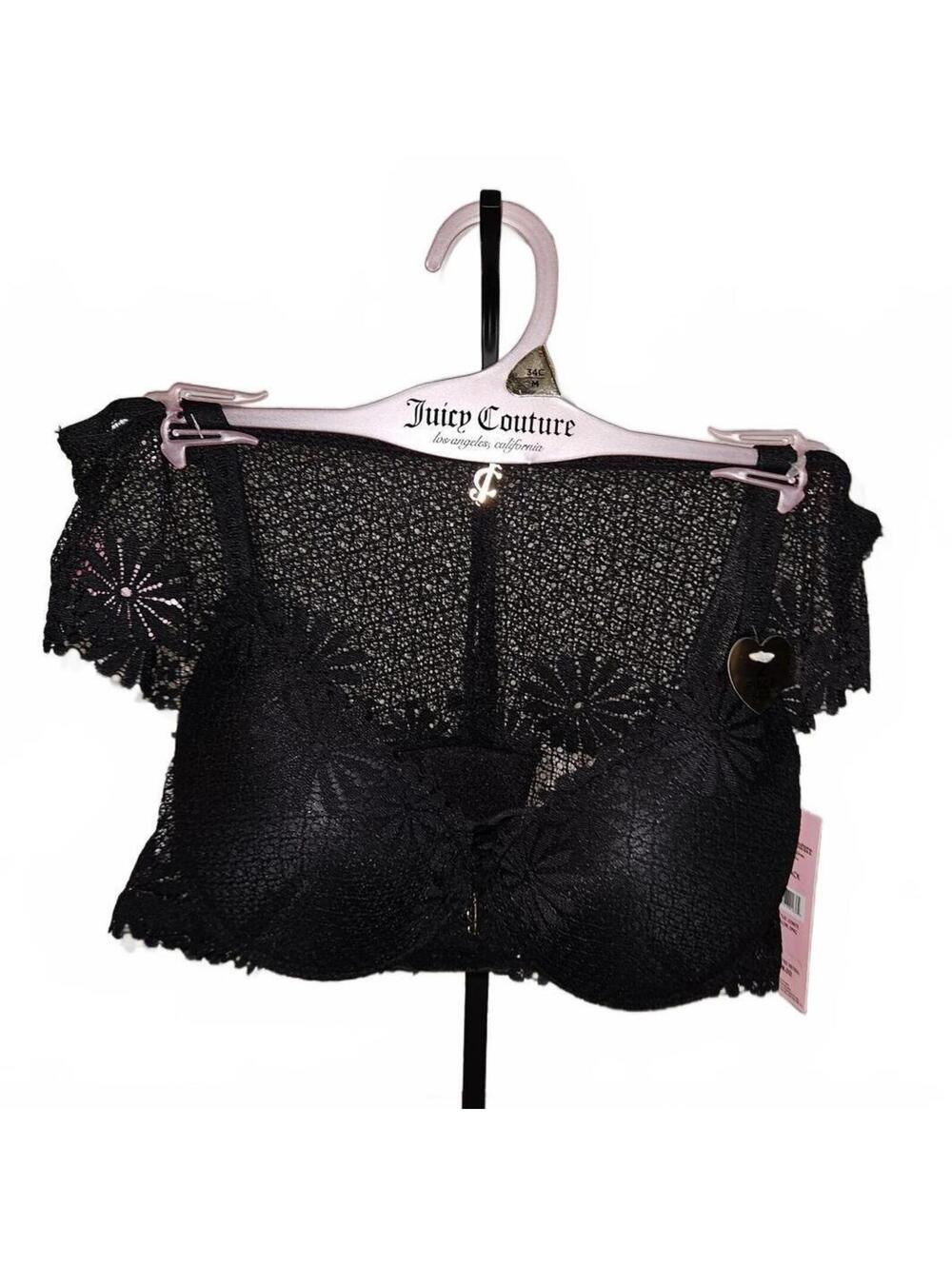 Juicy Couture Lace Lingerie Set 2 Piece Black Push Up Bra & Panty Gold Logo NWT